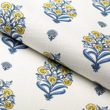 Load image into Gallery viewer, Cotton White Mustard Navy Blue Floral Upholstery Drapery Fabric