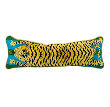 Load image into Gallery viewer, 10” X 30” Schumacher Jokhang Tiger Velvet Peacock &amp; Olive Lumbar Pillow