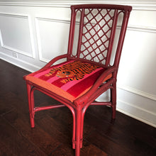 Load image into Gallery viewer, Red Rattan Chair in Schumacher’s Jokhang Tiger Velvet in Pink &amp; Red II