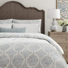Load image into Gallery viewer, Sky Blue Cream Speckled Fringe Applique Trellis Geometric Drapery Fabric