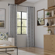 Load image into Gallery viewer, Sky Blue Cream Speckled Fringe Applique Trellis Geometric Drapery Fabric