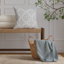 Load image into Gallery viewer, Sky Blue Cream Speckled Fringe Applique Trellis Geometric Drapery Fabric