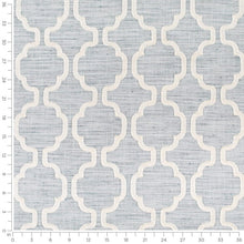 Load image into Gallery viewer, Sky Blue Cream Speckled Fringe Applique Trellis Geometric Drapery Fabric