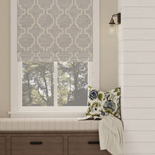 Load image into Gallery viewer, Sky Blue Cream Speckled Fringe Applique Trellis Geometric Drapery Fabric