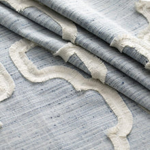 Load image into Gallery viewer, Sky Blue Cream Speckled Fringe Applique Trellis Geometric Drapery Fabric