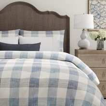 Load image into Gallery viewer, French Blue Chambray Cream Buffalo Check Upholstery Drapery Fabric / Coastal