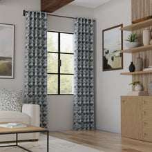 Load image into Gallery viewer, Navy Blue Aqua Grey Cream Abstract Embroidered Drapery Fabric / Azure