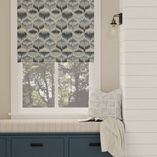 Load image into Gallery viewer, Navy Blue Aqua Grey Cream Abstract Embroidered Drapery Fabric / Azure