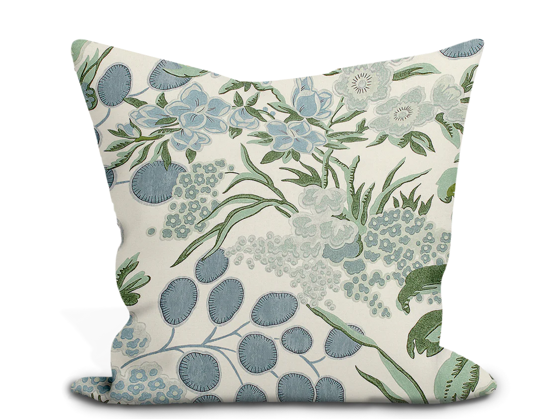 Change to 18” x 18” with Self-Piping Pillow Cover in Floral Botanical Thibaut Meadow in Lavender and Blue - Both Sides - Six Pillows