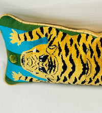 Load image into Gallery viewer, 10” X 30” Schumacher Jokhang Tiger Velvet Peacock &amp; Olive Lumbar Pillow