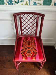 Red Rattan Chair in Schumacher’s Jokhang Tiger Velvet in Pink & Red