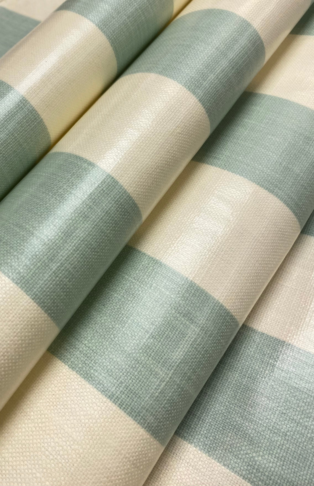 1.5 Yard Schumacher Laminated Water & Stain Resistant Seafoam Green Cream Linen Stripe Upholstery Fabric WHS 4651