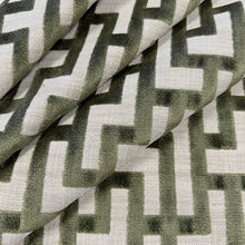Load image into Gallery viewer, Beige Olive Green Geometric Fret Cut Velvet Upholstery Fabric MGF