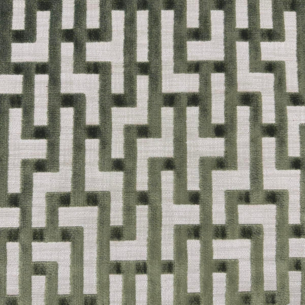 Beige Olive Green Geometric Fret Cut Velvet Upholstery Fabric MGF