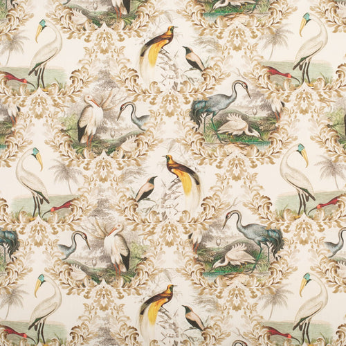 Cotton Linen Ivory Taupe Brown Green Bird Stork Heron Toile Upholstery Drapery Fabric