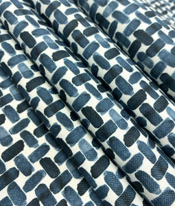 Fil Doux Textiles Magnetic Dark Denim Navy Blue White Abstract Geometric Upholstery Drapery Fabric STA 5128