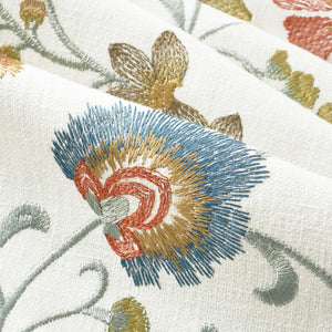 Cotton Floral Embroidered Cream Green Aqua Blue Brown Rusty Red Mustard Gold Drapery Fabric