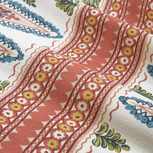 Load image into Gallery viewer, Cotton Linen Coral Blue White Green Yellow Stripe Floral Upholstery Drapery Fabric FB