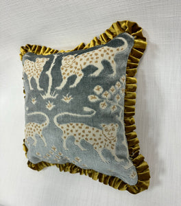 14” X 14” Schumacher Woodland Leopard in Mineral Pillow With Pleated Trim