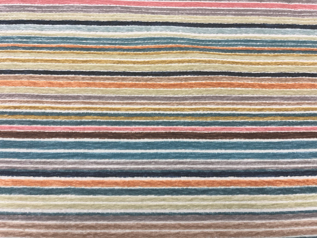 Designer Navy Blue Mustard Gold Coral Teal Brown Chenille Stripe Upholstery Fabric