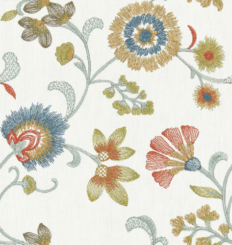 Cotton Floral Embroidered Cream Green Aqua Blue Brown Rusty Red Mustard Gold Drapery Fabric