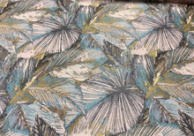 Load image into Gallery viewer, Designer Water Stain Resistant Lime Green Grey Aqua Blue Beige Tropical Botanical Upholstery Fabric
