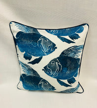 Load image into Gallery viewer, 24” X 24” Navy Blue &amp; White Nautical Fish Print Pillow Cover