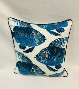 24” X 24” Navy Blue & White Nautical Fish Print Pillow Cover