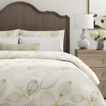 Load image into Gallery viewer, Linen Blend Ivory Green Teal Cream Embrodiered Botanical Drapery Fabric