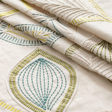 Load image into Gallery viewer, Linen Blend Ivory Green Teal Cream Embrodiered Botanical Drapery Fabric