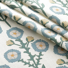 Load image into Gallery viewer, Cotton Linen Ivory Teal Blue Green Mustard Floral Upholstery Drapery Fabric / Cornflower