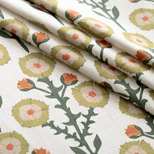 Load image into Gallery viewer, Cotton Linen Ivory Green Mustard Orange Floral Upholstery Drapery Fabric / Prairie