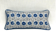Load image into Gallery viewer, 11.5” X 24” Duralee Riya Suzani Linen Cotton Blue &amp; White Lumbar Pillow Cover