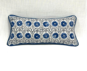 11.5” X 24” Duralee Riya Suzani Linen Cotton Blue & White Lumbar Pillow Cover