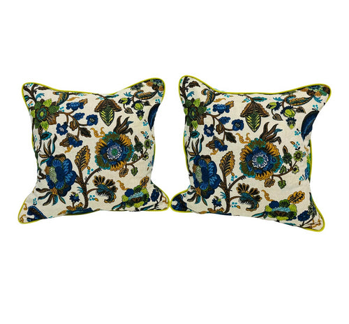 22” X 22” Williamsburg Colonialo Floral Blue Green Oatmeal Linen Pillow Covers - a Pairs