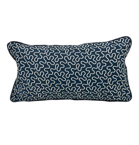 14” X 26” Schumacher Meander Embroidery Indigo Navy Blue Abstract Lumbar Pillow Cover