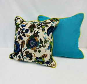 22” X 22” Williamsburg Colonialo Floral Blue Green Oatmeal Linen Pillow Covers - a Pairs