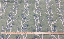 Load image into Gallery viewer, Katie Ridder Ottoman Tulip Green Floral Botanical Hand-Printed Belgian Linen Upholstery Fabric