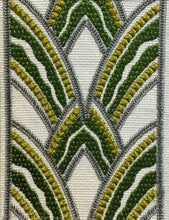 Load image into Gallery viewer, 4 1/4”Wide Luxury Linen Viscose Ivory Green Chartreuse Grey Embroidered Art Deco Tape Trim