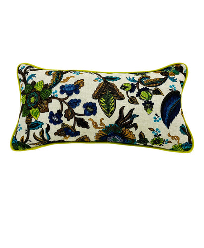 12” X 24” Williamsburg Colonial Floral Blue Green Oatmeal Linen Lumbar Pillow Cover