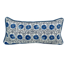 Load image into Gallery viewer, 11.5” X 24” Duralee Riya Suzani Linen Cotton Blue &amp; White Lumbar Pillow Cover