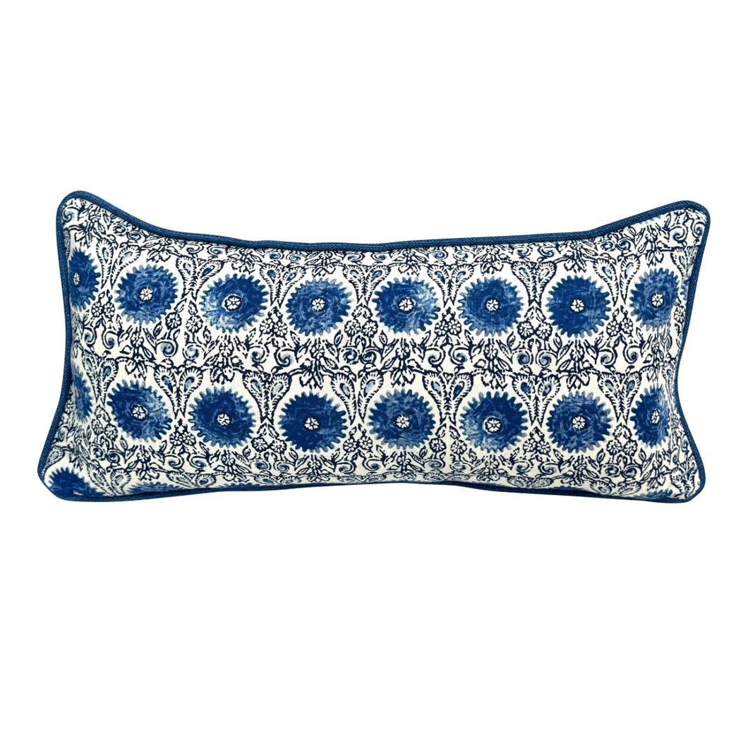 11.5” X 24” Duralee Riya Suzani Linen Cotton Blue & White Lumbar Pillow Cover