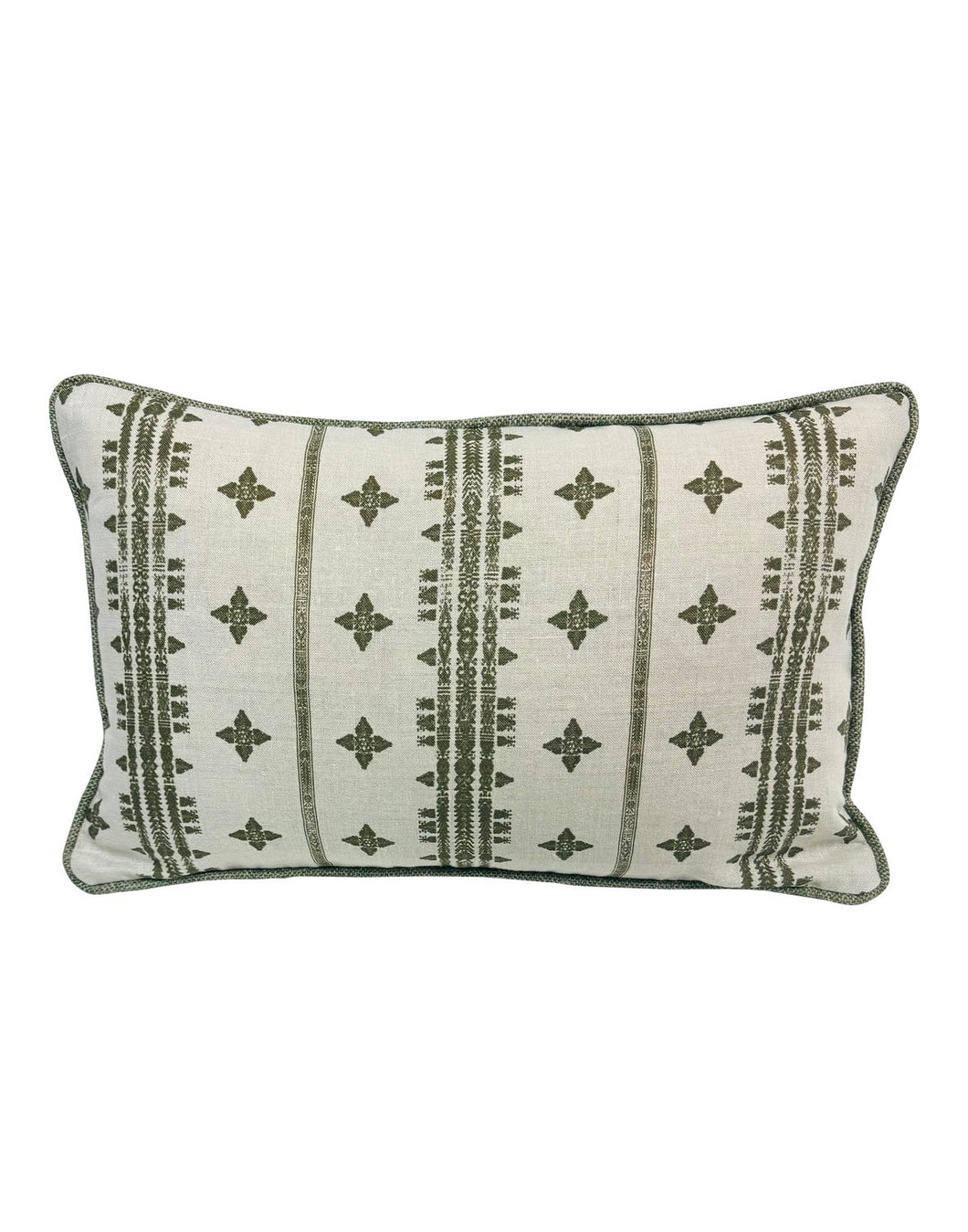 14” X 22” Virginia Kraft Global Village Moroccan Stripe Linen & Wool Olive Green Ecru Lumbar Pillow Cover
