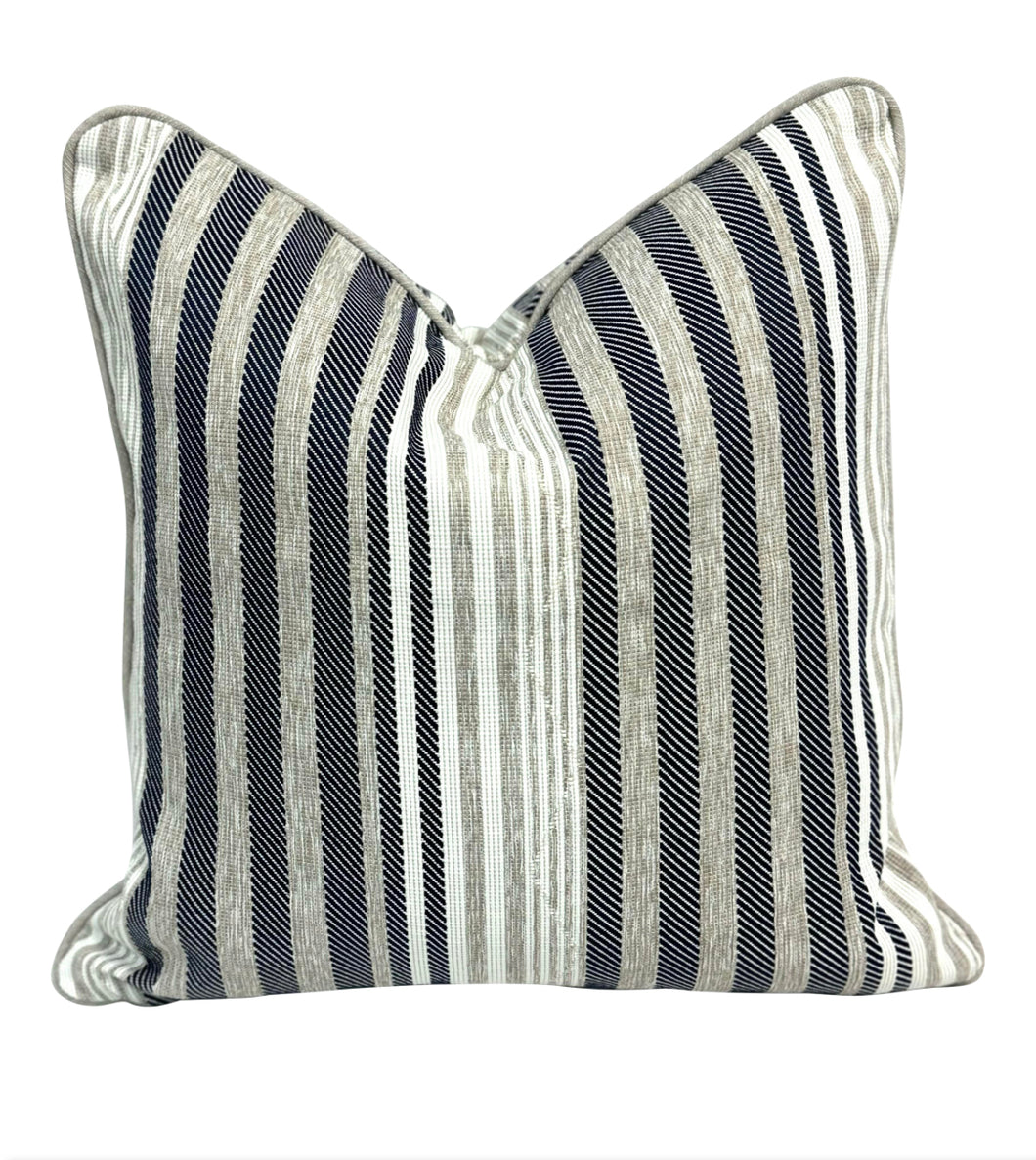 22” X 22” Christopher Farr Mare Azzuro Navy Beige White Stripe Outdoor Pillow Cover