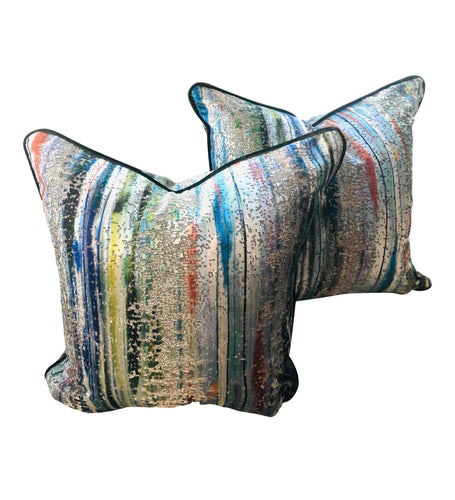 S Harris Brushstroke Abstract Velvet Pillow Covers With Sanderson & Sons Welting- a Pair