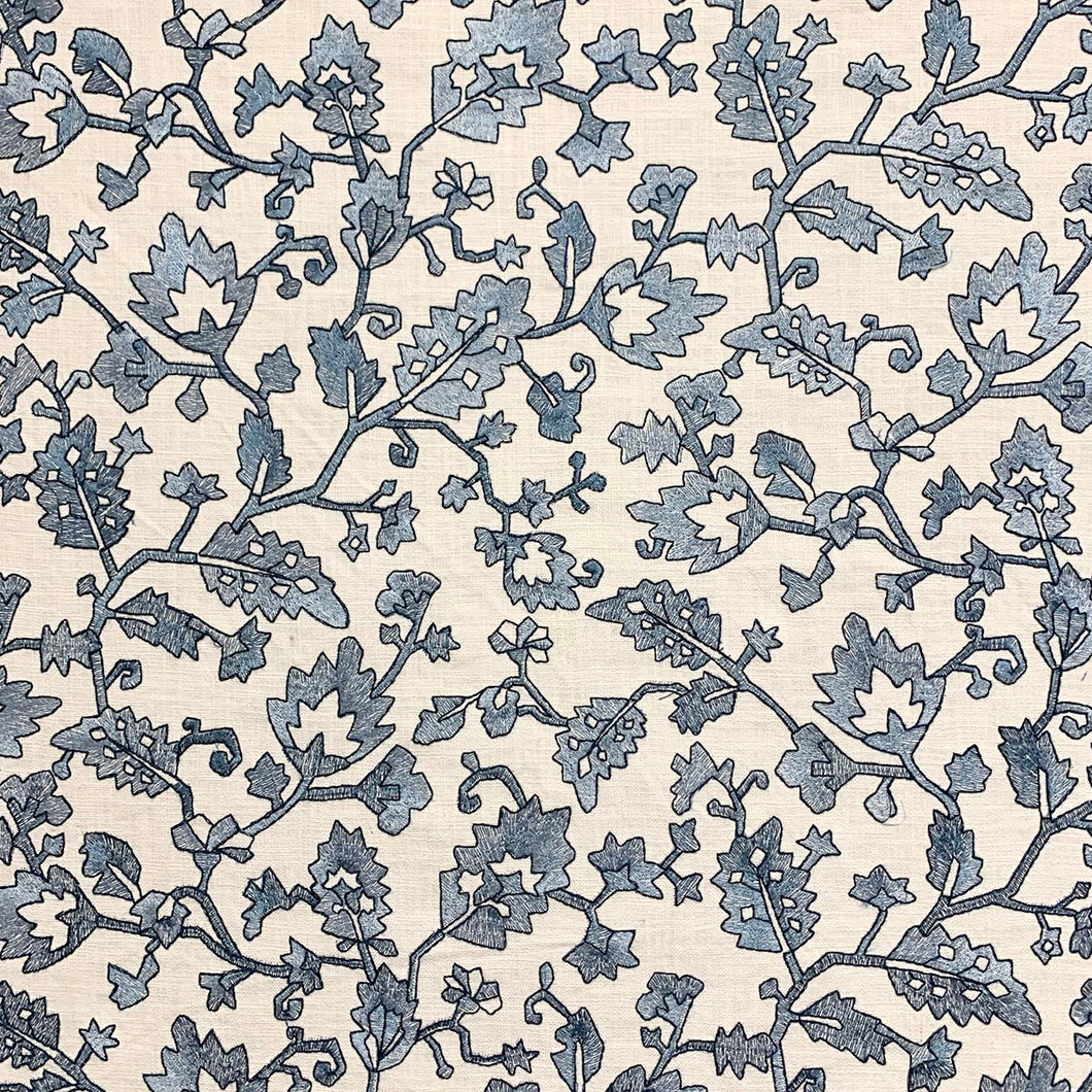 Blue White Floral Geometric Embroidered Upholstery Fabric MGF