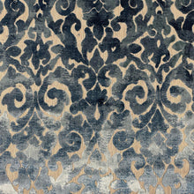 Load image into Gallery viewer, Teal Blue Grey Damask Cut Velvet Upholstery Fabric MGF