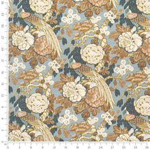 Load image into Gallery viewer, Cotton Blue Mustard Brown Ivory Beige Floral Bird Print Upholstery Drapery Fabric