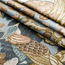 Load image into Gallery viewer, Cotton Blue Mustard Brown Ivory Beige Floral Bird Print Upholstery Drapery Fabric