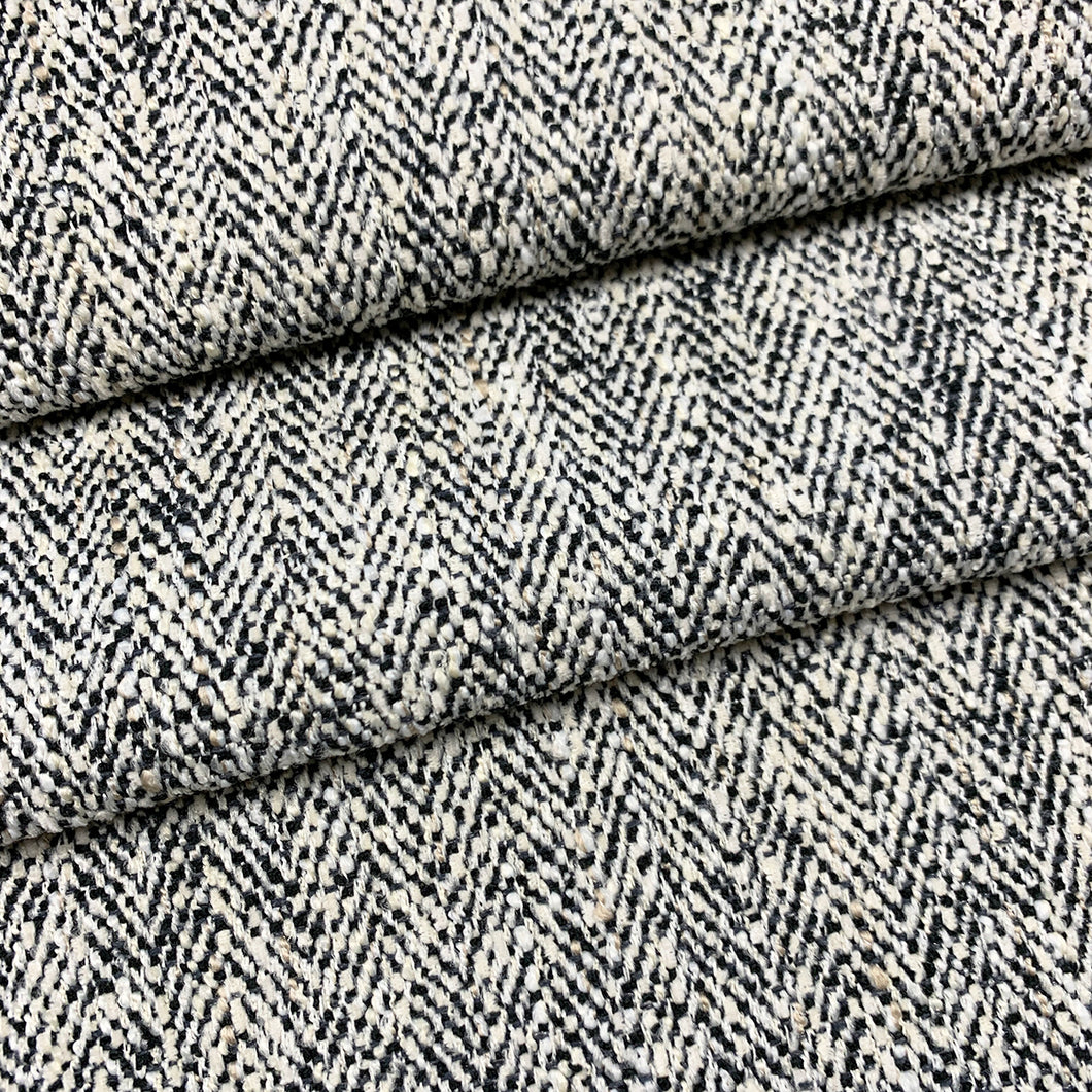 Designer Black Cream Herringbone MCM Tweed Upholstery Fabric MGF